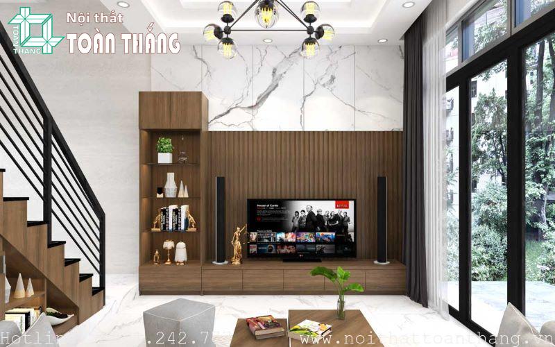 TV phòng khách ốp tường bằng gỗ