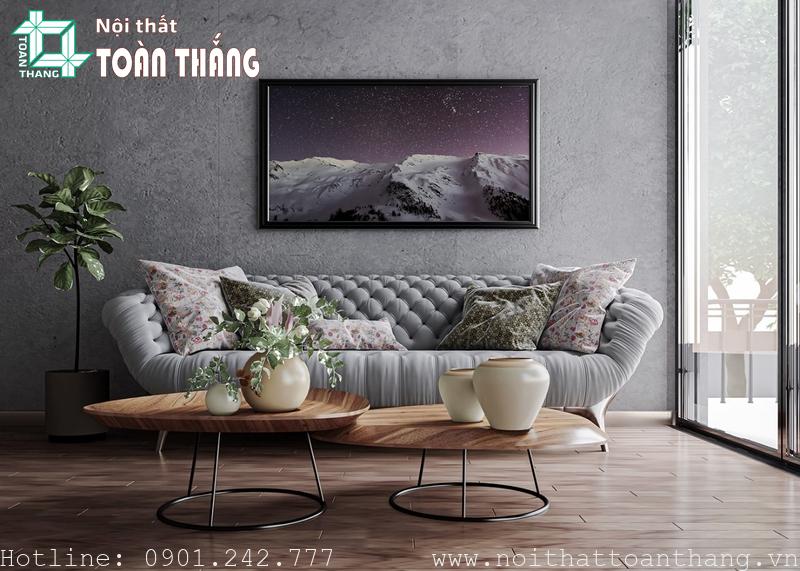 Kết hợp hài hòa giữa màu sofa và màu của giấy dán tường