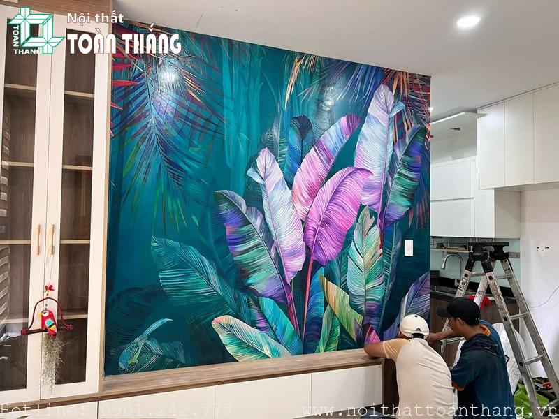Dự án giấy dán tường quận 6 nhà anh Chương 7 Mẫu giấy dán tường họa tiết hoa lá độc đáo, đầy tính nghệ thuật